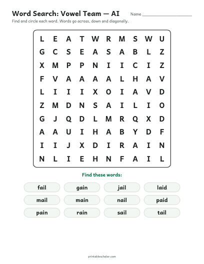Vowel Team — AI word search printable preview
