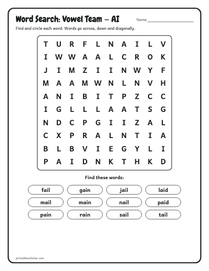 Vowel Team — AI word search printable preview
