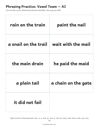 Vowel Team — AI phrasing cards printable preview