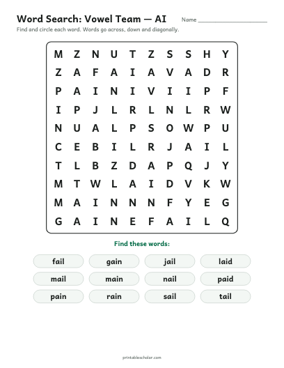 Vowel Team — AI word search printable preview
