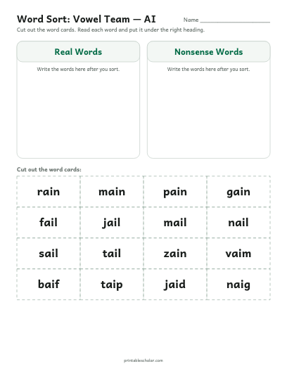 Vowel Team — AI word sort printable preview