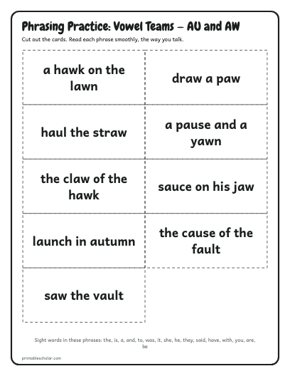 Vowel Teams — AU and AW phrasing cards printable preview