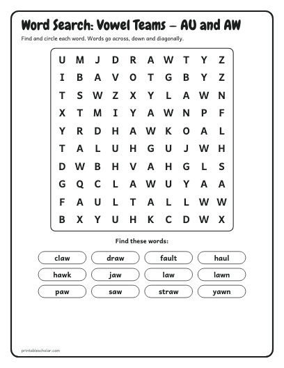 Vowel Teams — AU and AW word search printable preview