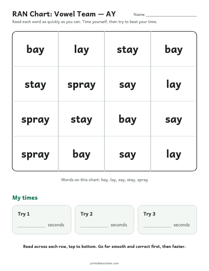 Vowel Team — AY ran chart printable preview