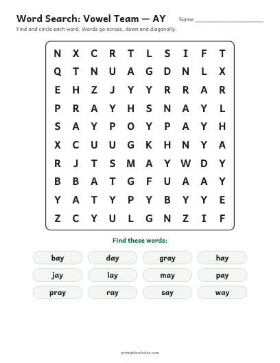 Vowel Team — AY word search printable preview