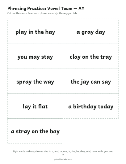 Vowel Team — AY phrasing cards printable preview