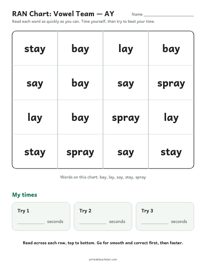 Vowel Team — AY ran chart printable preview
