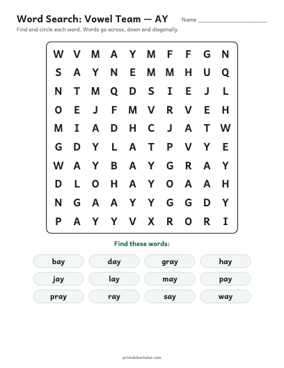 Vowel Team — AY word search printable preview