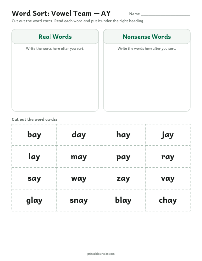 Vowel Team — AY word sort printable preview