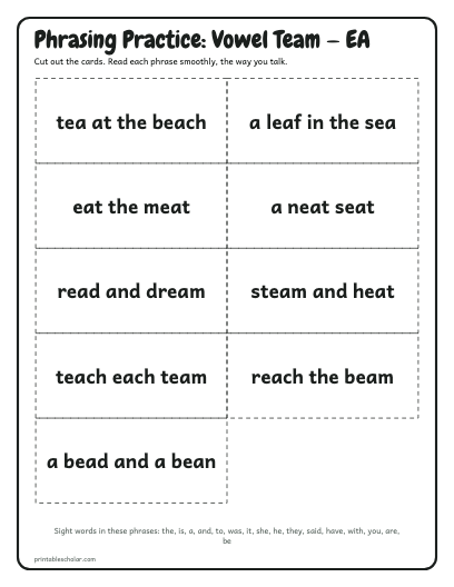 Vowel Team — EA phrasing cards printable preview