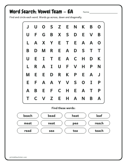 Vowel Team — EA word search printable preview