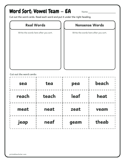 Vowel Team — EA word sort printable preview