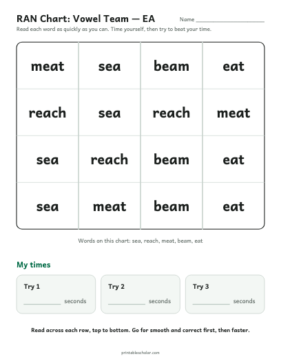 Vowel Team — EA ran chart printable preview