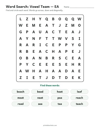 Vowel Team — EA word search printable preview