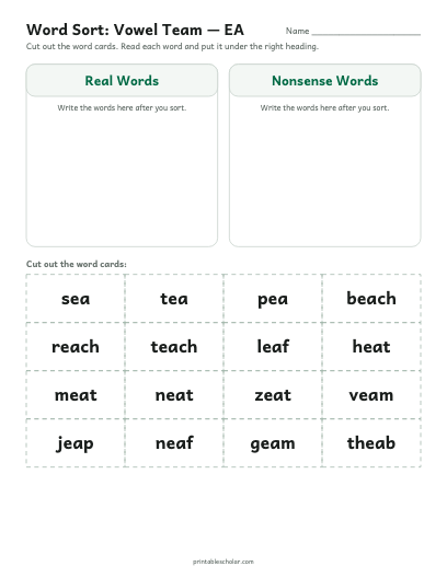 Vowel Team — EA word sort printable preview