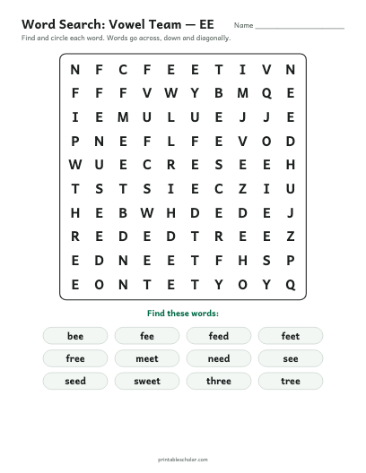Vowel Team — EE word search printable preview