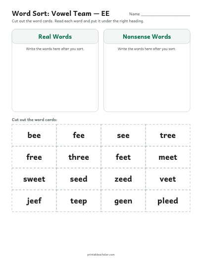 Vowel Team — EE word sort printable preview