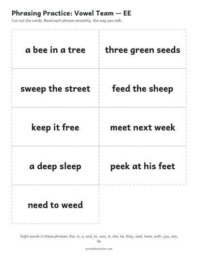 Vowel Team — EE phrasing cards printable preview