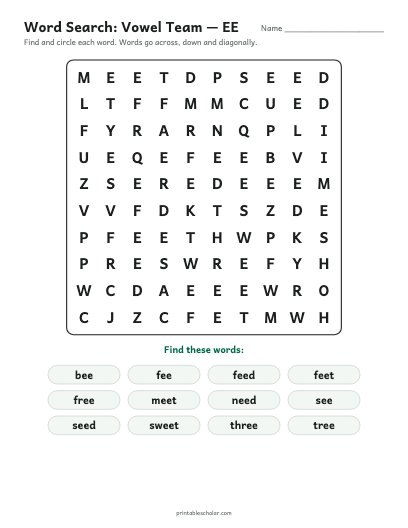 Vowel Team — EE word search printable preview