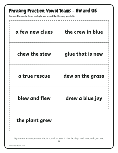 Vowel Teams — EW and UE phrasing cards printable preview