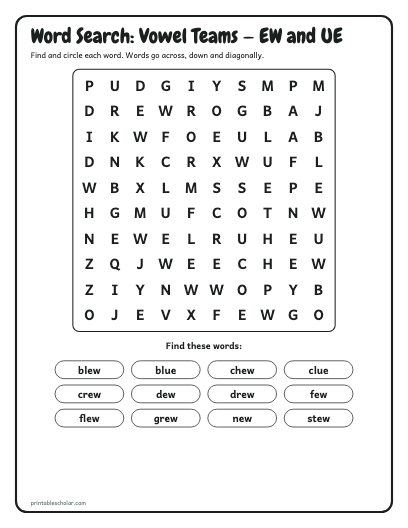Vowel Teams — EW and UE word search printable preview
