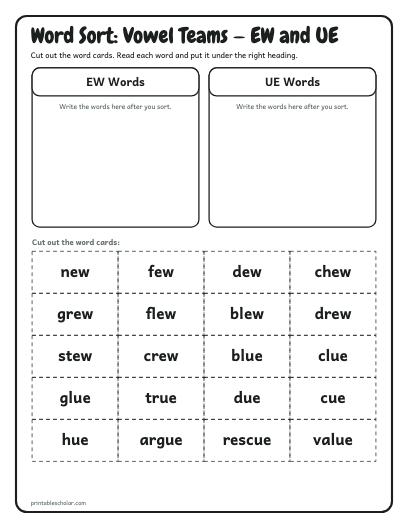 Vowel Teams — EW and UE word sort printable preview