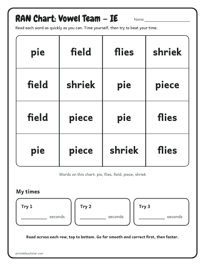 Vowel Team — IE ran chart printable preview