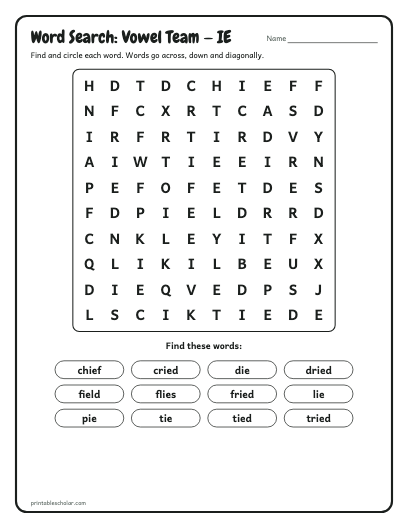 Vowel Team — IE word search printable preview