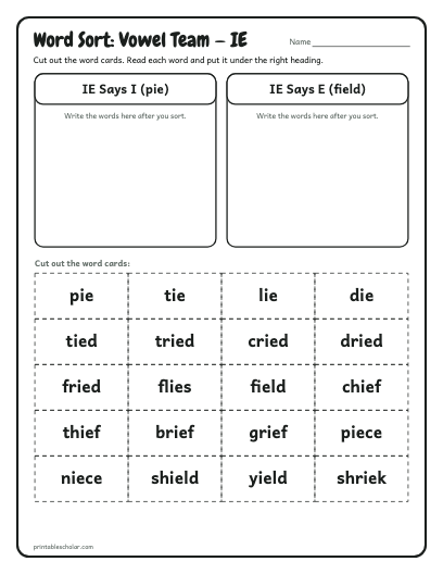 Vowel Team — IE word sort printable preview