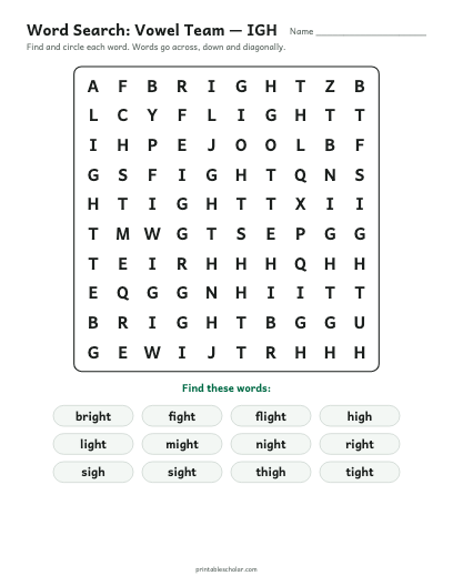 Vowel Team — IGH word search printable preview