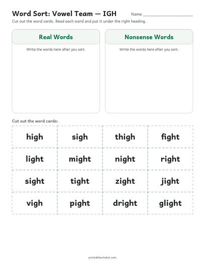Vowel Team — IGH word sort printable preview