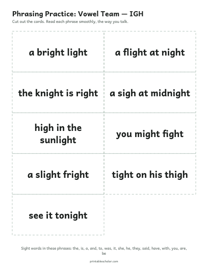 Vowel Team — IGH phrasing cards printable preview