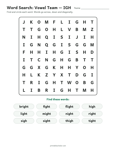 Vowel Team — IGH word search printable preview