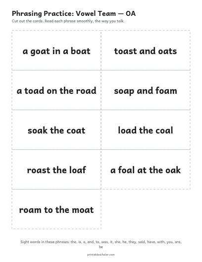 Vowel Team — OA phrasing cards printable preview