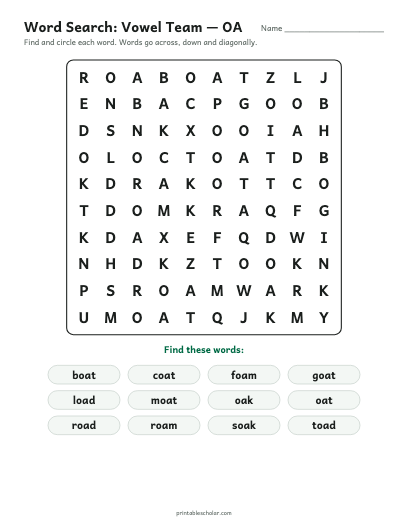 Vowel Team — OA word search printable preview