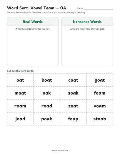Vowel Team — OA word sort printable preview