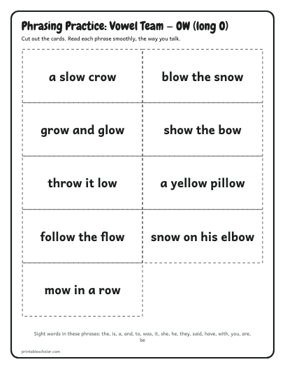 Vowel Team — OW (long O) phrasing cards printable preview