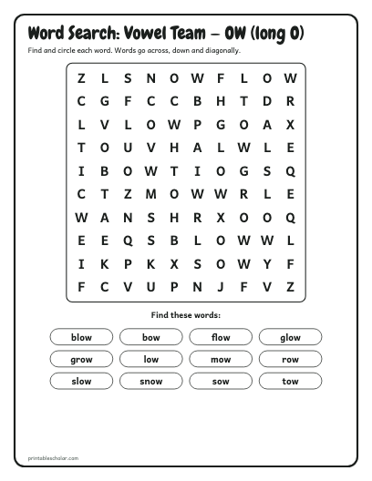 Vowel Team — OW (long O) word search printable preview