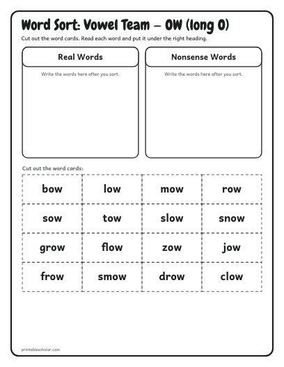 Vowel Team — OW (long O) word sort printable preview