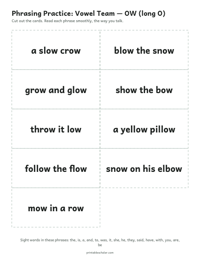 Vowel Team — OW (long O) phrasing cards printable preview