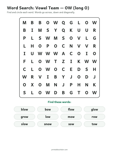 Vowel Team — OW (long O) word search printable preview