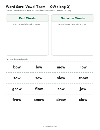 Vowel Team — OW (long O) word sort printable preview