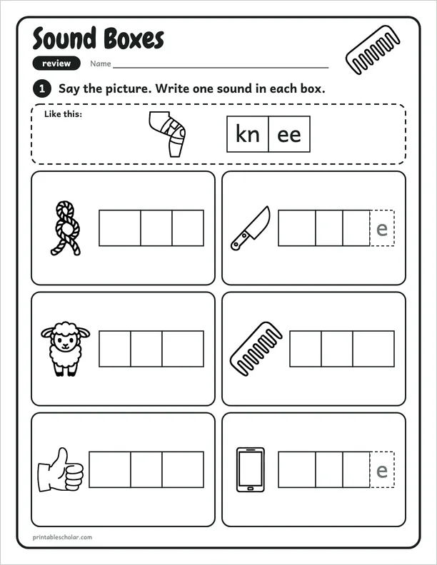 Sound Boxes: a silent letters and review picture worksheet