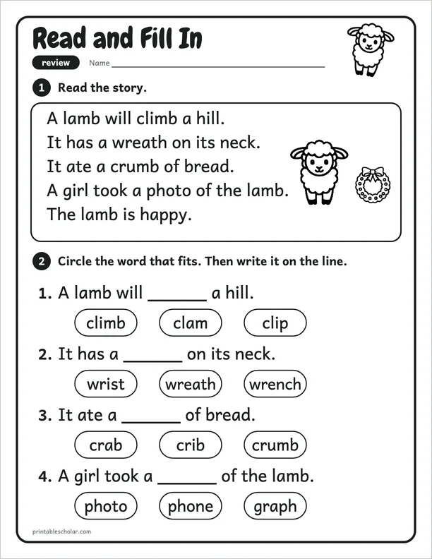 Read and Fill In: a silent letters and review picture worksheet