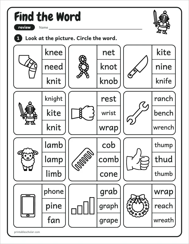 Find the Word: a silent letters and review picture worksheet