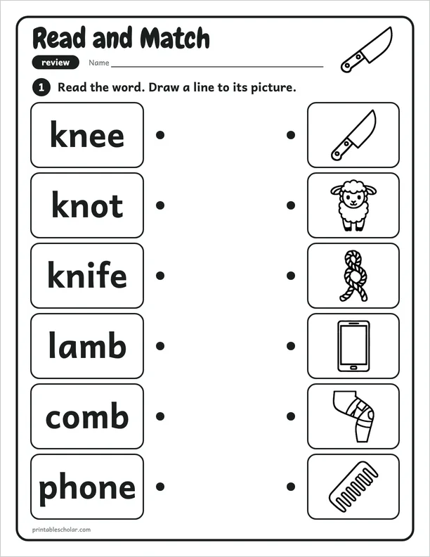 Read and Match: a silent letters and review picture worksheet