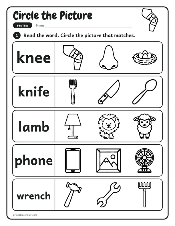 Circle the Picture: a silent letters and review picture worksheet