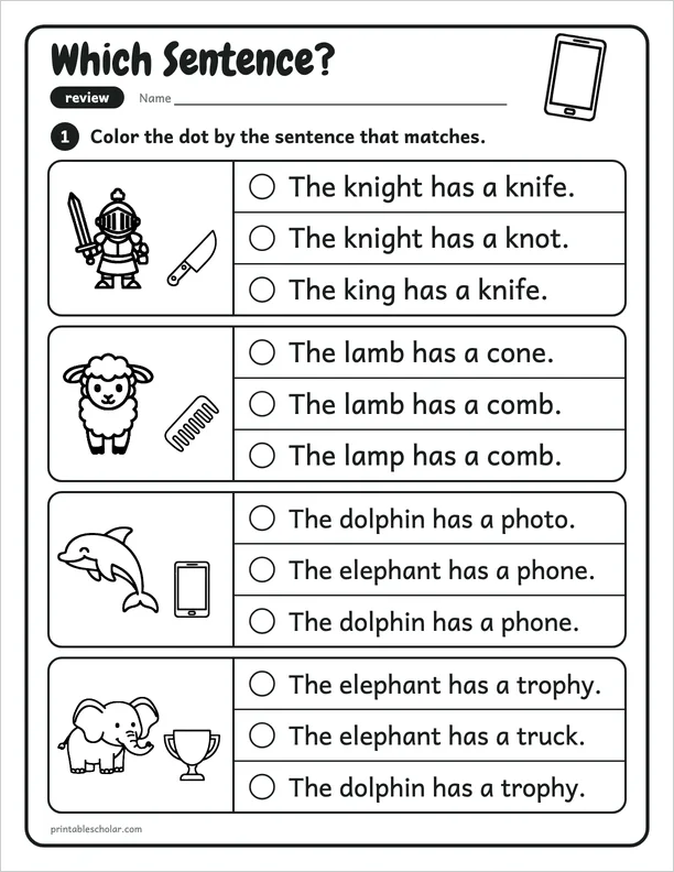 Which Sentence?: a silent letters and review picture worksheet