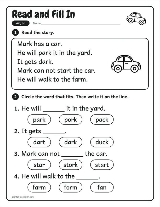 Read and Fill In: a ar and or picture worksheet