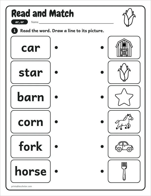 Read and Match: a ar and or picture worksheet